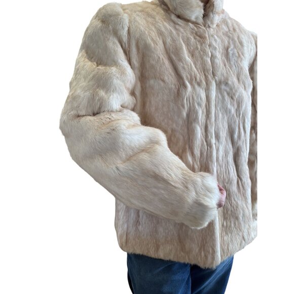 Vintage 1980s White Rabbit Fur Coat Car Length Puff Sleeve Stand-Up Collar M - Picture 7 of 11